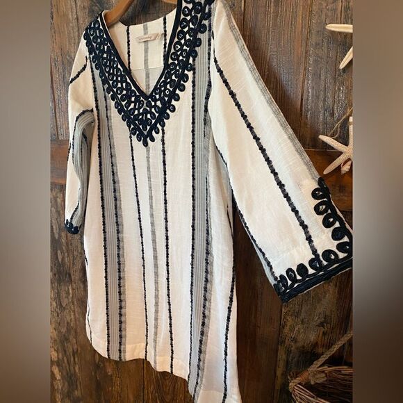 Soft Surroundings Sz XS Blk Coco De Mer Embroidered V-Neck Boho Tunic Dress - Picture 4 of 6